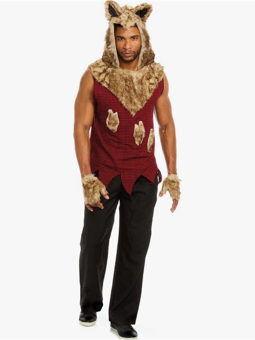 Leg Avenue Red Plaid Sleeveless Crewneck Sweater with Faux Fur Hood wolf costume